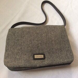 Early 2000 vintage Ralph Lauren black tweed and leather baguette handbag - great